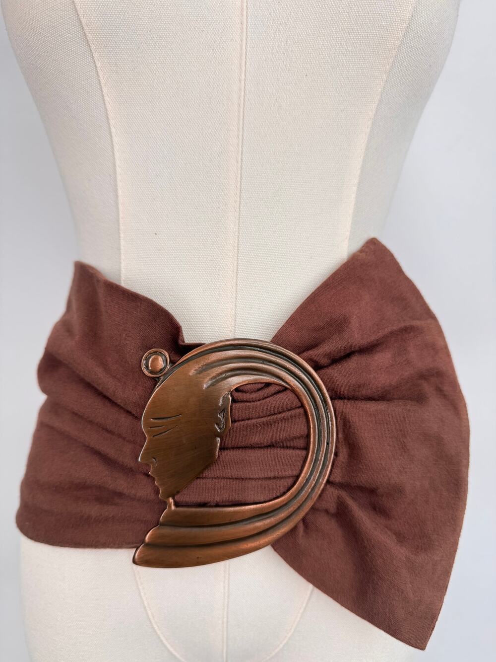 VTG 80's Art Nouveau belt 32" goddess face buckle statement brutalist boho brown